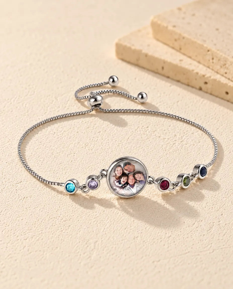 Personalized Photo Bracelet with 1-6 Birthstones - version with 6 names and birthstones
