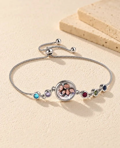 Personalized Photo Bracelet with 1-6 Birthstones - version with 6 names and birthstones