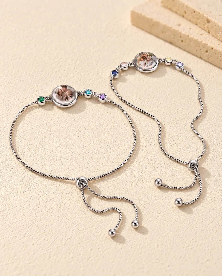 Personalized Photo Bracelet with 1-6 Birthstones - several versions side by side on a ceramic stand