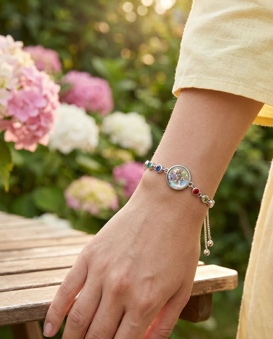 Personalized Photo Bracelet with 1-6 Birthstones - worn on the wrist, close-up