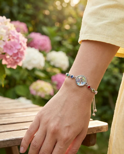 Personalized Photo Bracelet with 1-6 Birthstones - worn on the wrist, close-up