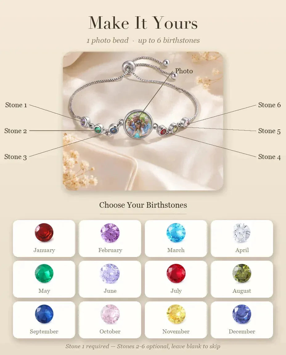 Personalized Photo Bracelet with 1-6 Birthstones - personalization guide: names and birthstones