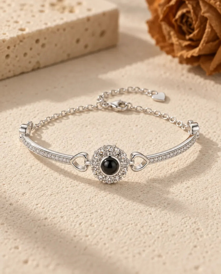 Photo Projection Bracelet with Picture Inside - front view in silver