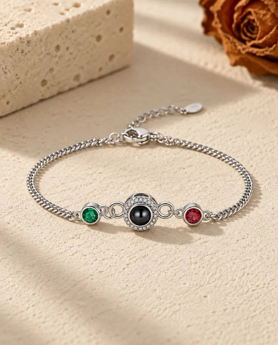 Photo Projection Bracelet with Picture Inside - front view in silver