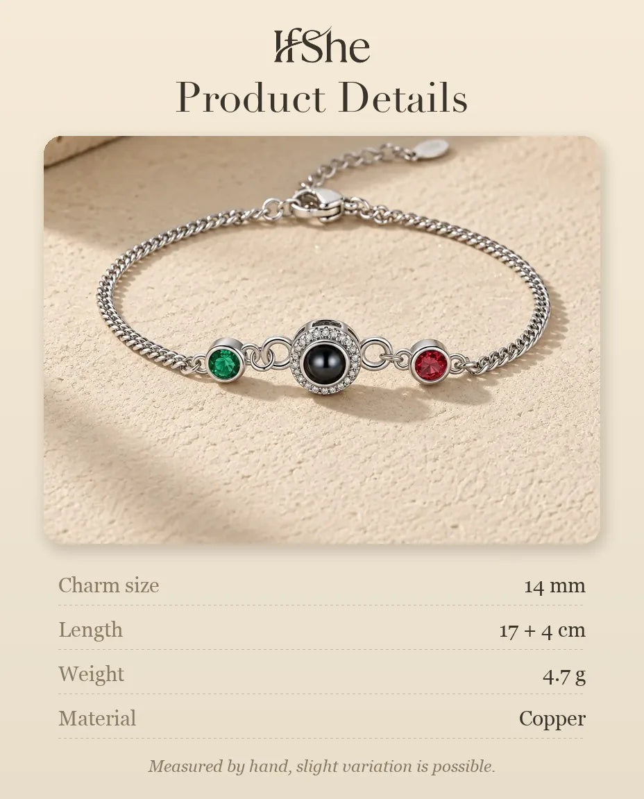 Photo Projection Bracelet with Picture Inside - size and material details