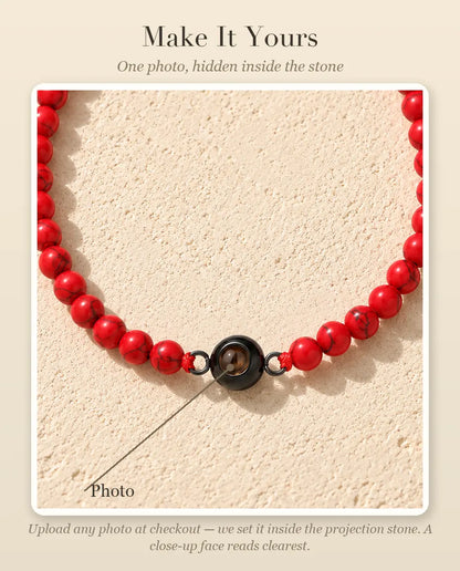 Personalization guide showing where your photo goes inside the projection stone of the bead bracelet