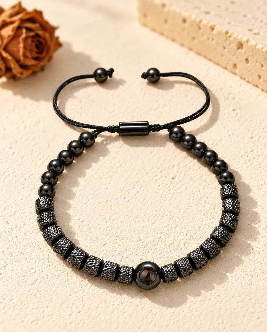 Black unisex photo projection bead bracelet with slider and round cord-end beads