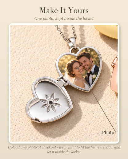 Personalization guide showing where your photo goes inside the satin flower heart photo locket