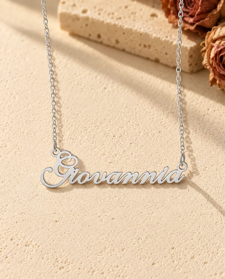 Personalized Name Necklace in 925 Sterling Silver - Custom Script Nameplate - front view in silver