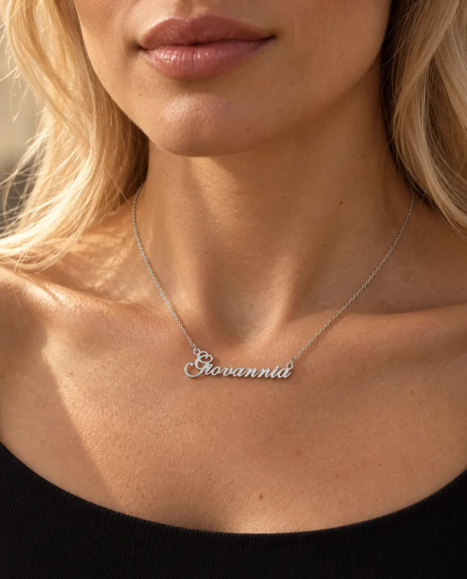 Personalized Name Necklace in 925 Sterling Silver - Custom Script Nameplate - worn on a model
