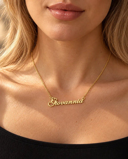 Personalized Name Necklace in 925 Sterling Silver - Custom Script Nameplate - worn on a model in gold