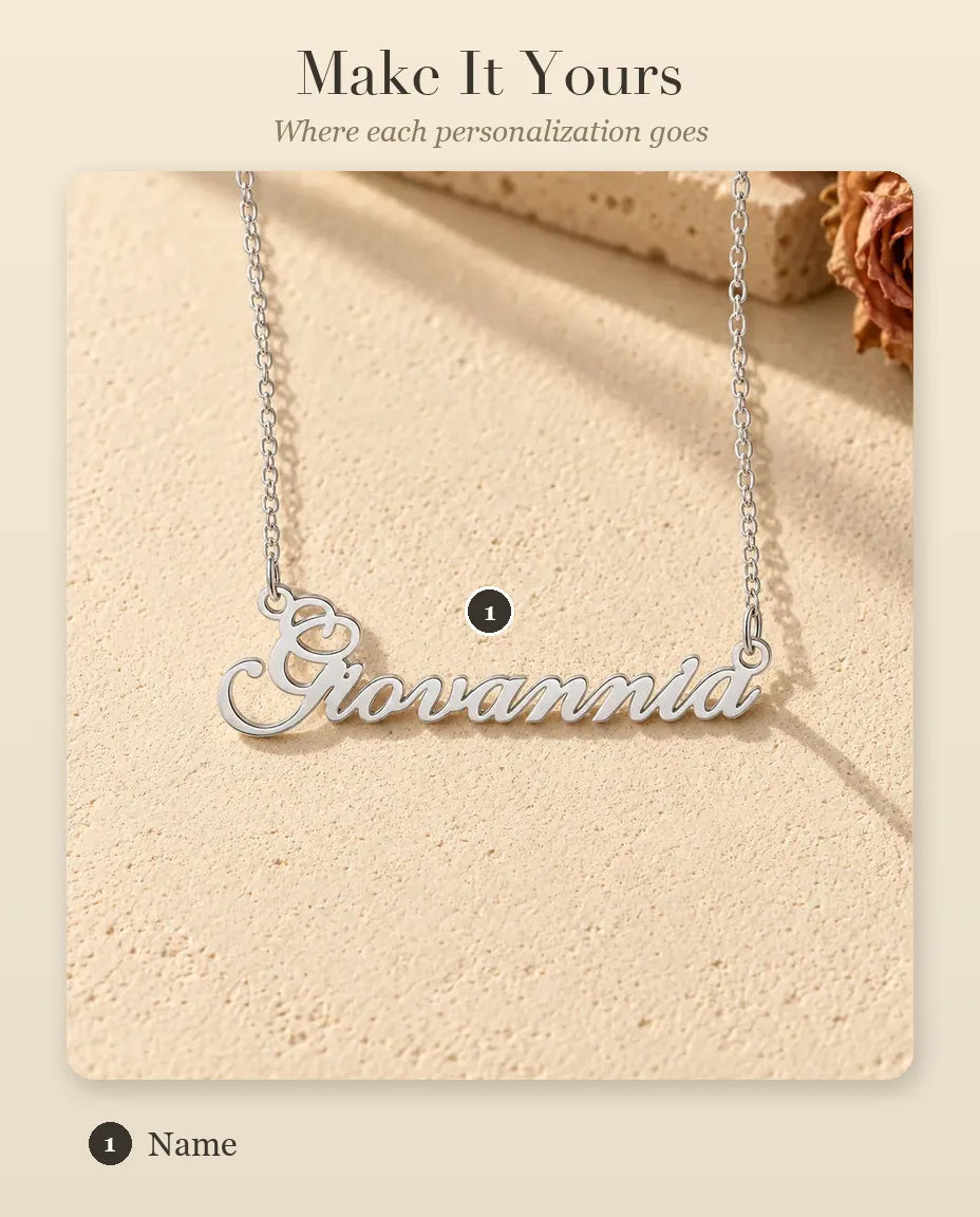 Personalized Name Necklace in 925 Sterling Silver - Custom Script Nameplate - personalization guide: where your name goes