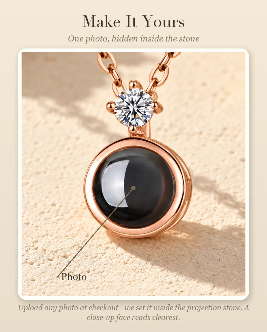 Personalization guide showing where your photo goes inside the projection stone of the solitaire necklace
