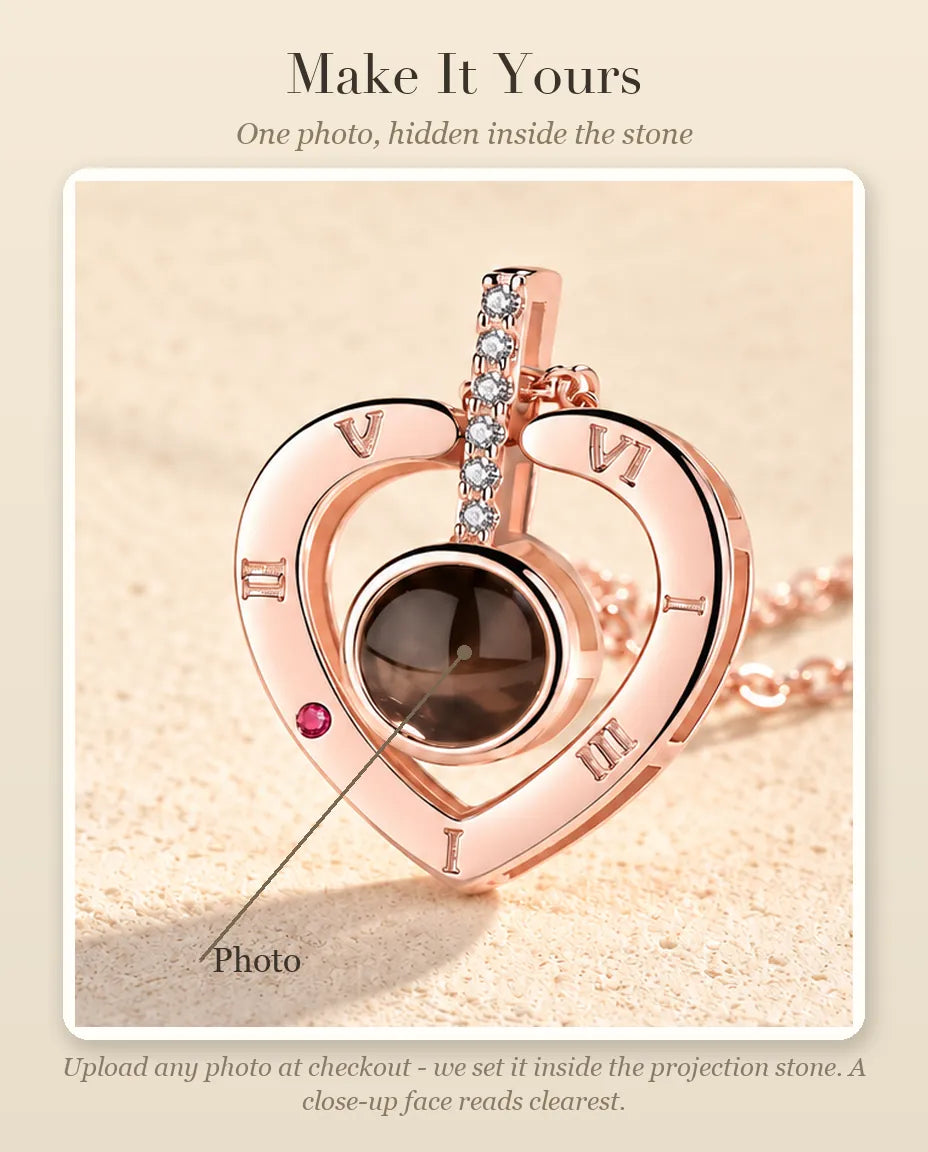 Personalization guide showing where your photo goes inside the projection stone of the Roman numeral heart necklace