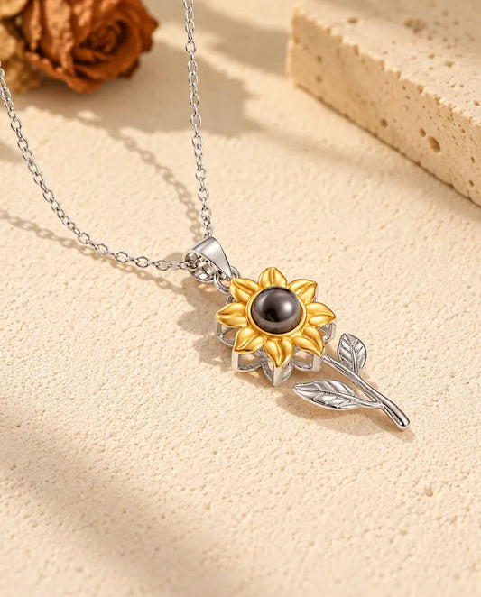 Personalized 925 sterling silver sunflower photo projection necklace with gold tone petals on cream plaster