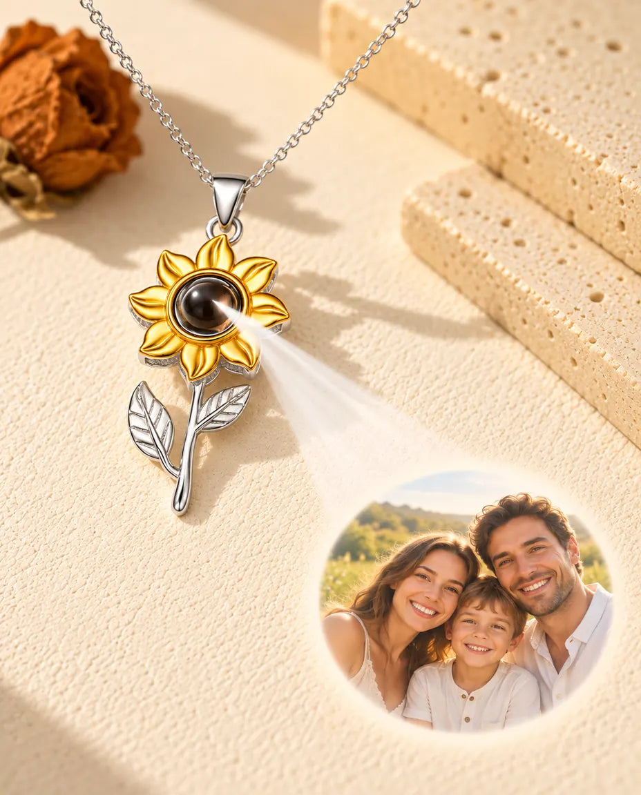 Sunflower necklace projecting a family photo onto cream plaster