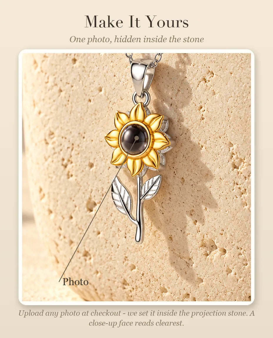 Personalization guide showing where your photo goes inside the projection stone of the sunflower necklace