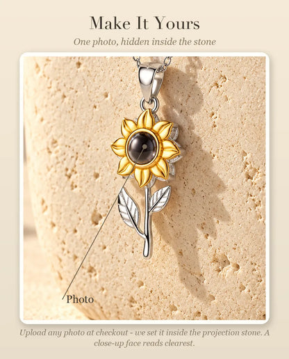 Personalization guide showing where your photo goes inside the projection stone of the sunflower necklace