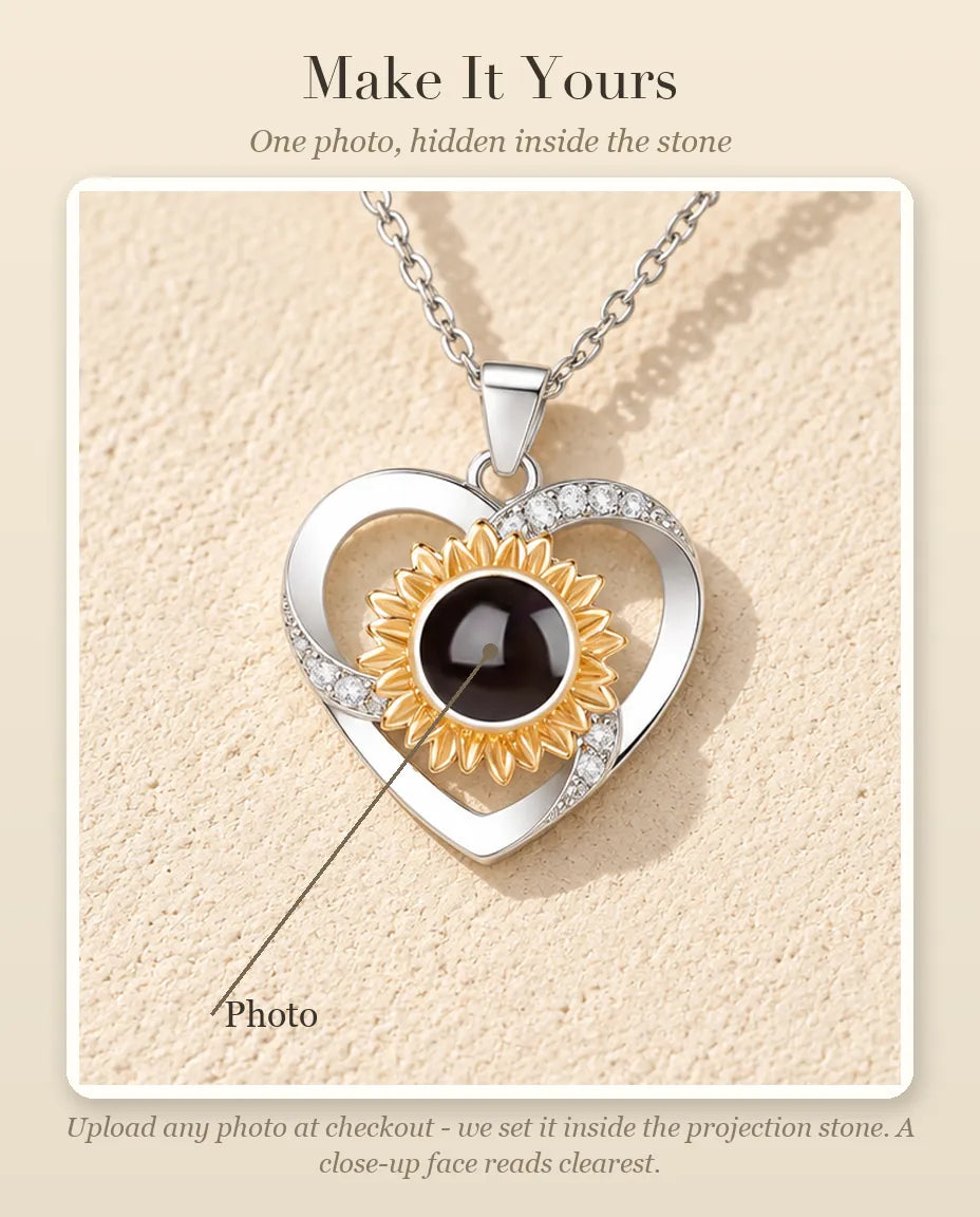 Personalization guide showing where your photo goes inside the projection stone of the sunflower heart necklace