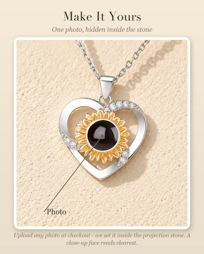 Personalization guide showing where your photo goes inside the projection stone of the sunflower heart necklace