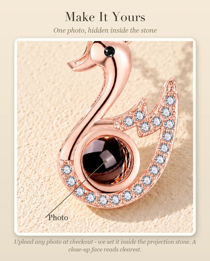 Personalization guide showing where your photo goes inside the projection stone of the swan necklace