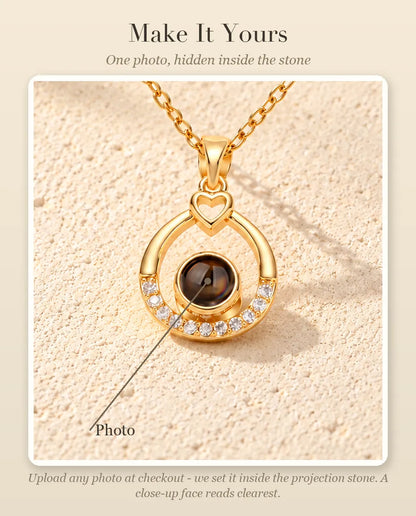 Personalization guide showing where your photo goes inside the projection stone of the teardrop necklace
