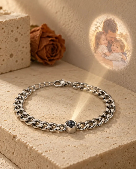 Men's Photo Projection Bracelet with Picture Inside - projecting the hidden photo onto a wall