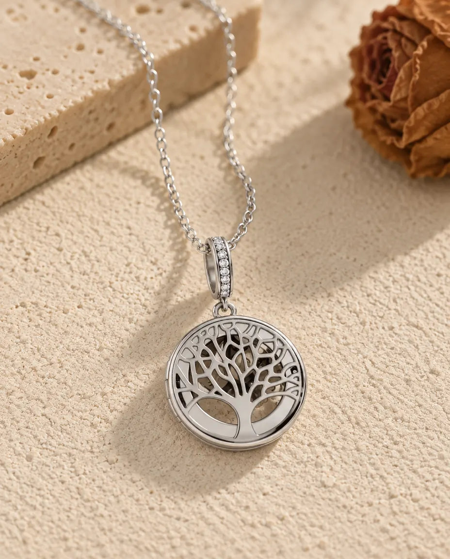Personalized Tree of Life Locket Necklace - front view in silver