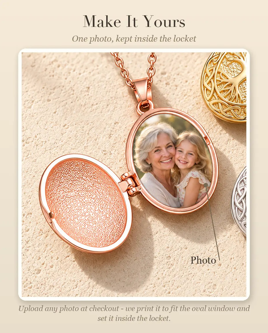 Personalization guide showing where your photo goes inside the oval tree of life locket