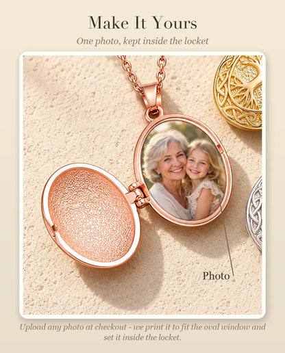 Personalization guide showing where your photo goes inside the oval tree of life locket