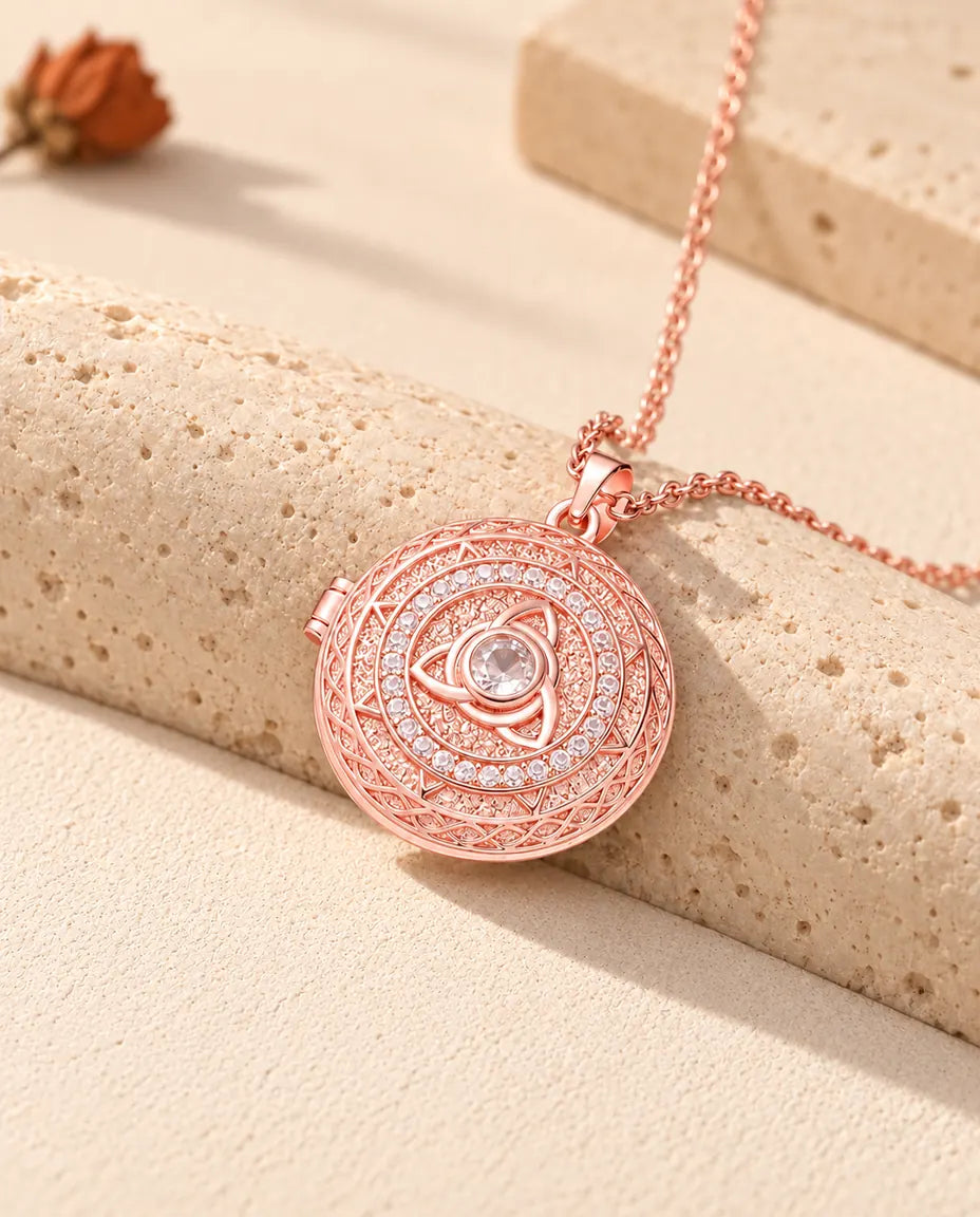 Rose gold tone trinity knot photo locket with a ring of cubic zirconia resting on travertine