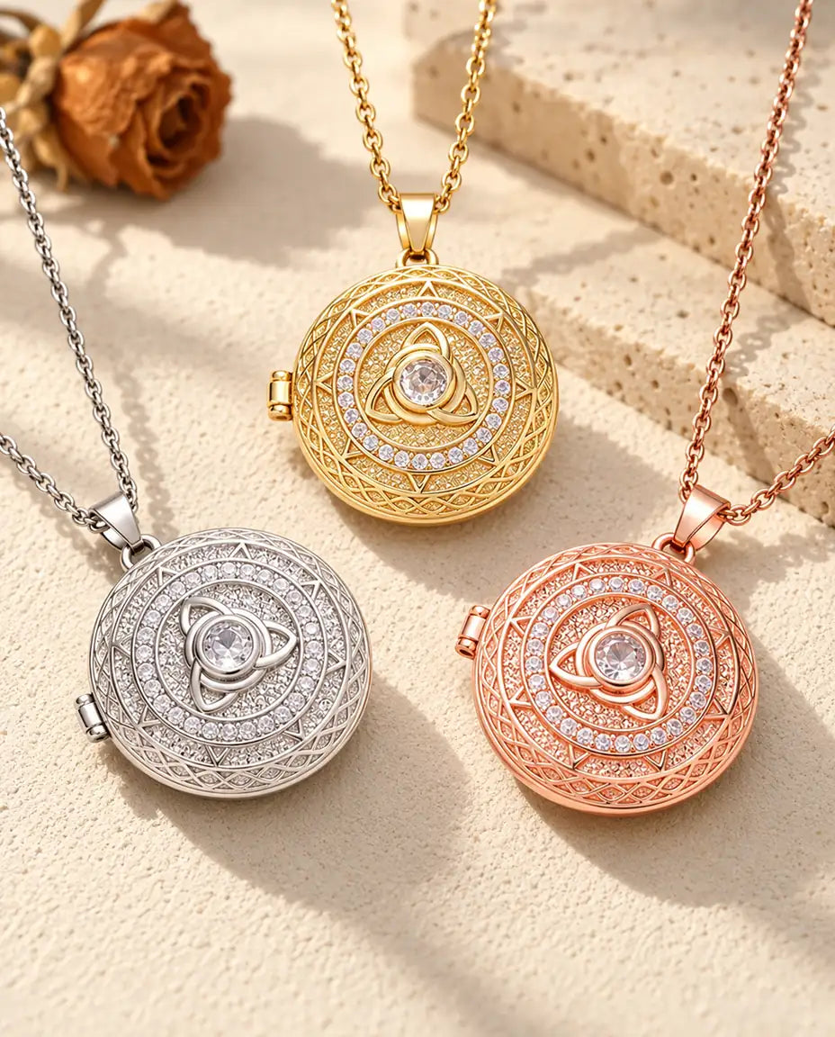 Three colors of the trinity knot photo locket necklace arranged on plaster