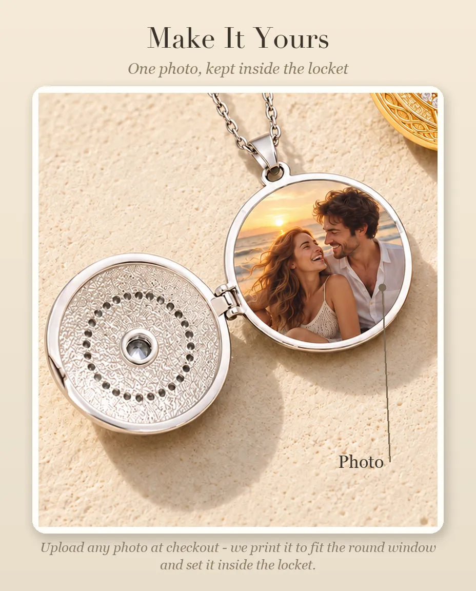 Personalization guide showing where your photo goes inside the round trinity knot locket