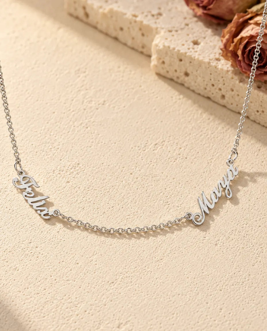 Personalized Two Name Necklace in 925 Sterling Silver - Two Script Nameplates Joined by Chain - front view in silver