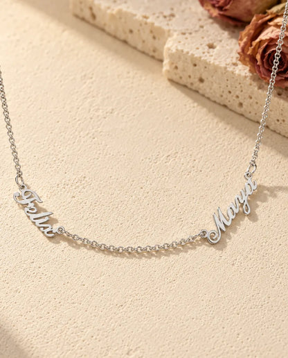 Personalized Two Name Necklace in 925 Sterling Silver - Two Script Nameplates Joined by Chain - front view in silver