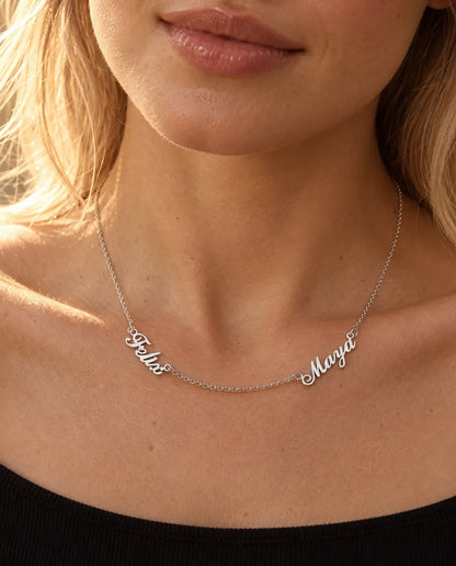 Personalized Two Name Necklace in 925 Sterling Silver - Two Script Nameplates Joined by Chain - worn on a model