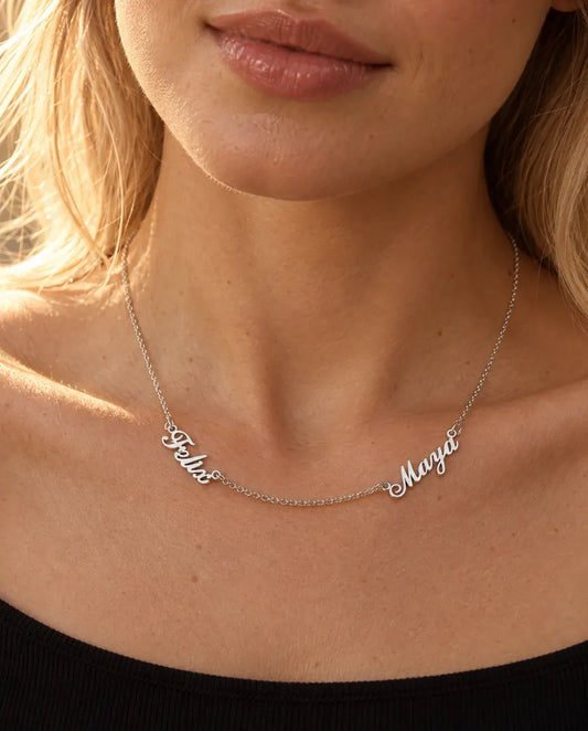 Personalized Two Name Necklace in 925 Sterling Silver - Two Script Nameplates Joined by Chain - worn on a model