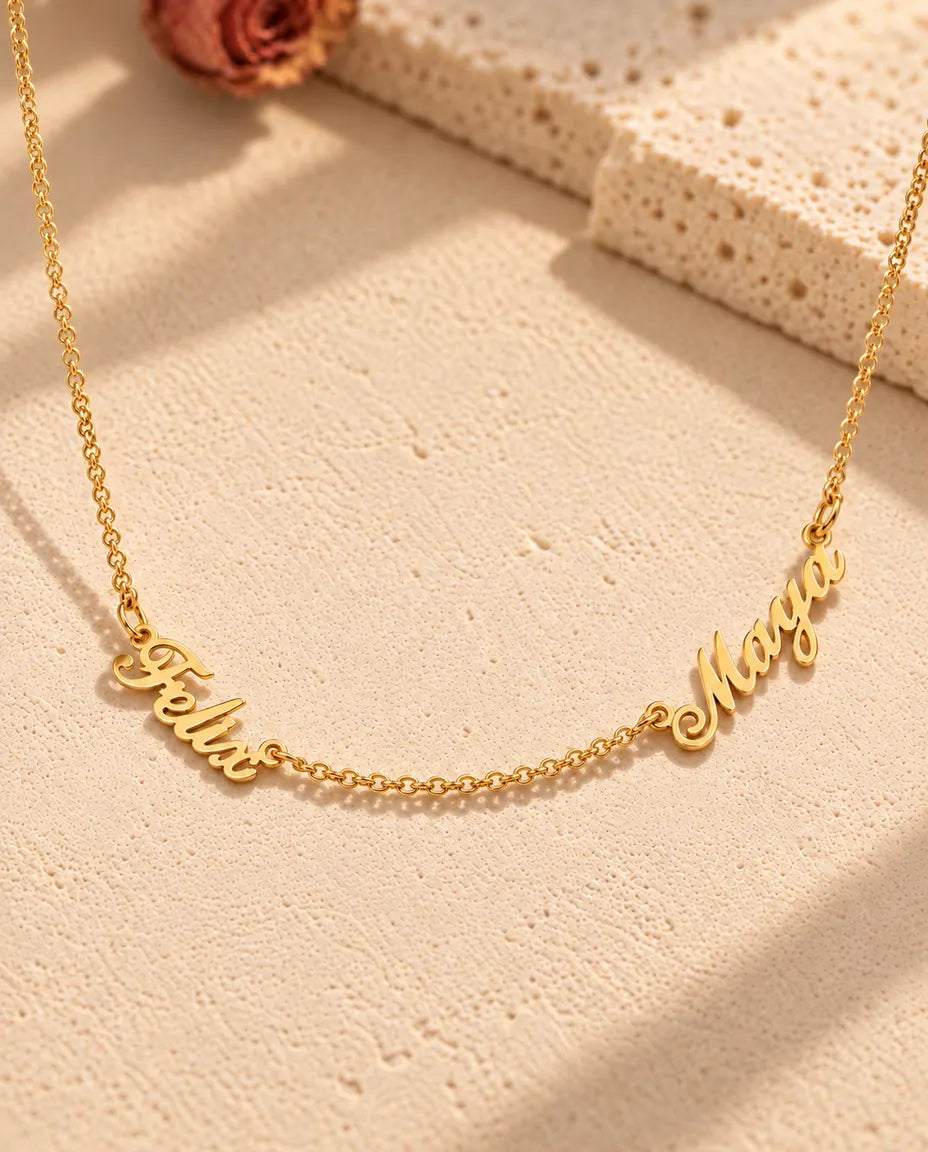 Personalized Two Name Necklace in 925 Sterling Silver - Two Script Nameplates Joined by Chain - in gold finish