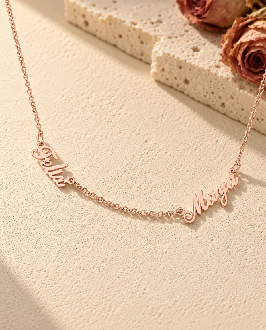 Personalized Two Name Necklace in 925 Sterling Silver - Two Script Nameplates Joined by Chain - in rose gold finish