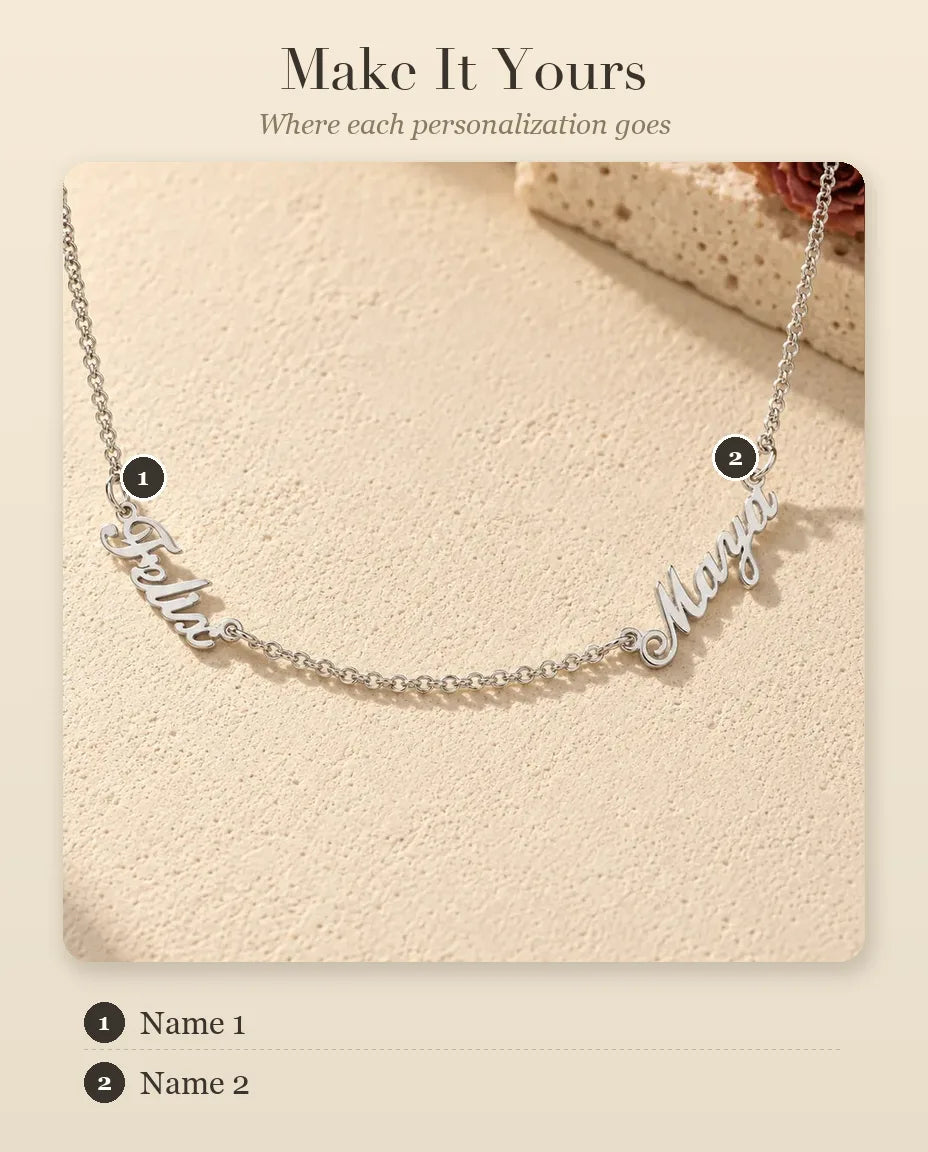 Personalized Two Name Necklace in 925 Sterling Silver - Two Script Nameplates Joined by Chain - personalization guide: where your name goes