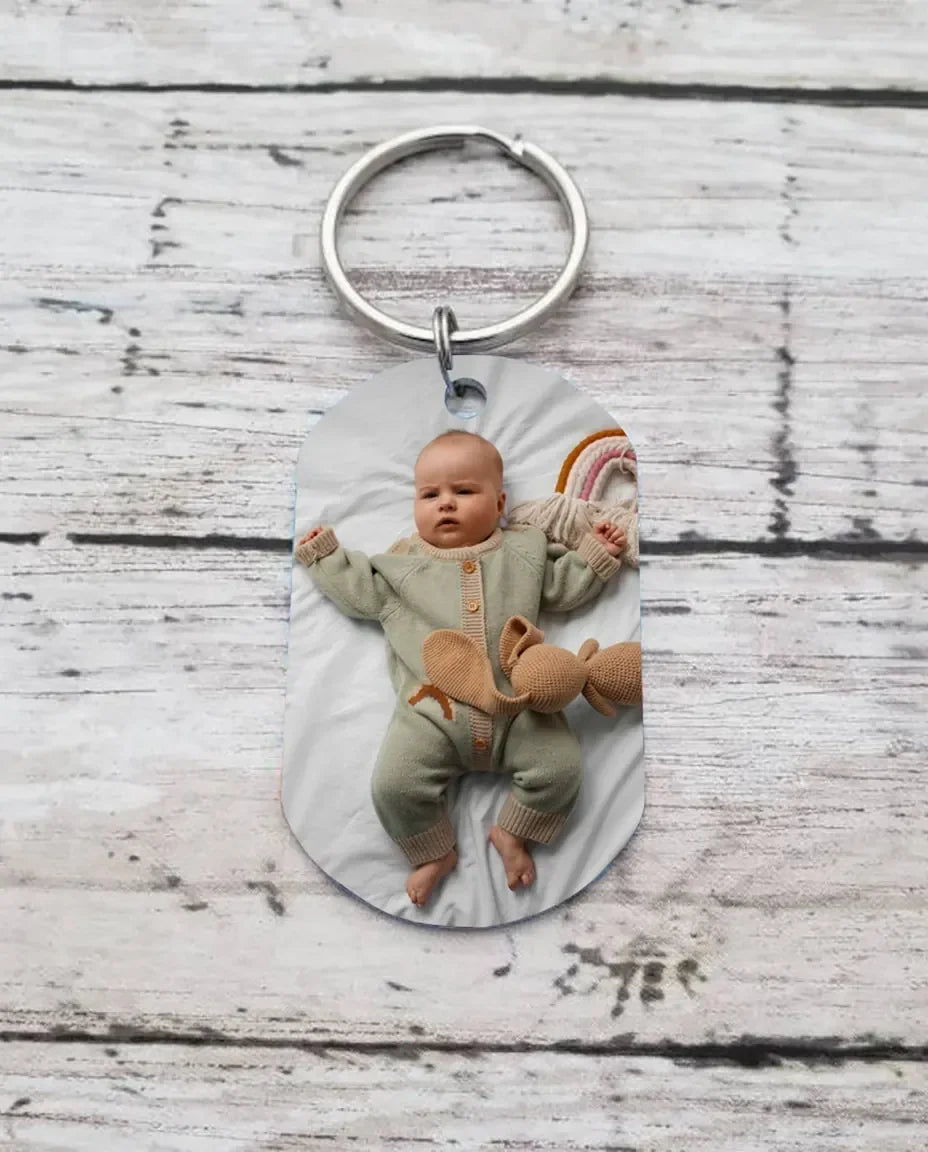 Photo keychain on a rustic wood surface