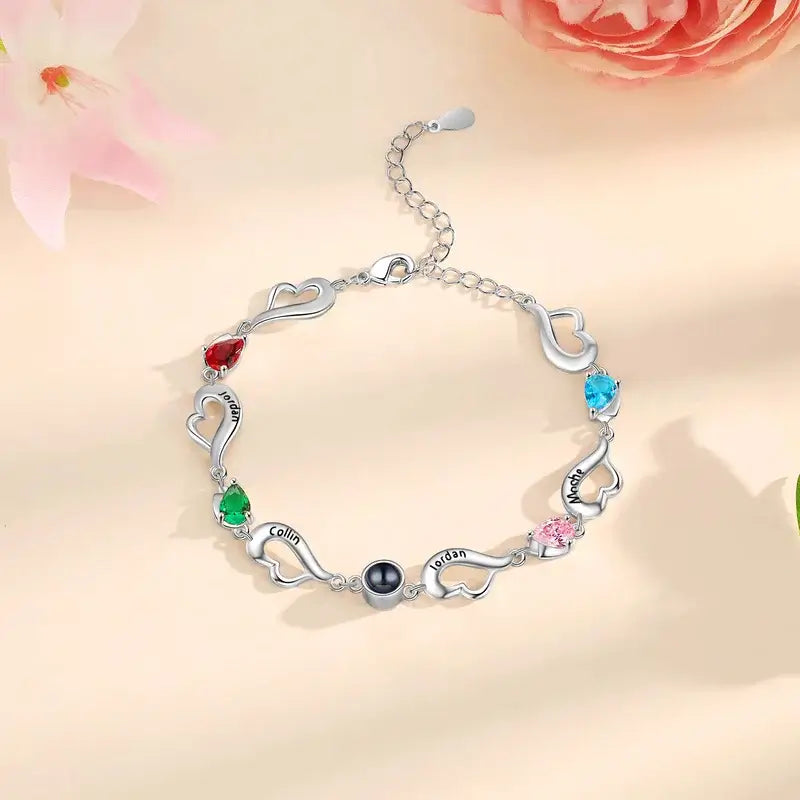 Photo Projection Bracelet with Picture Inside | Engraved 4 Names Personalised Birthstone Bracelet