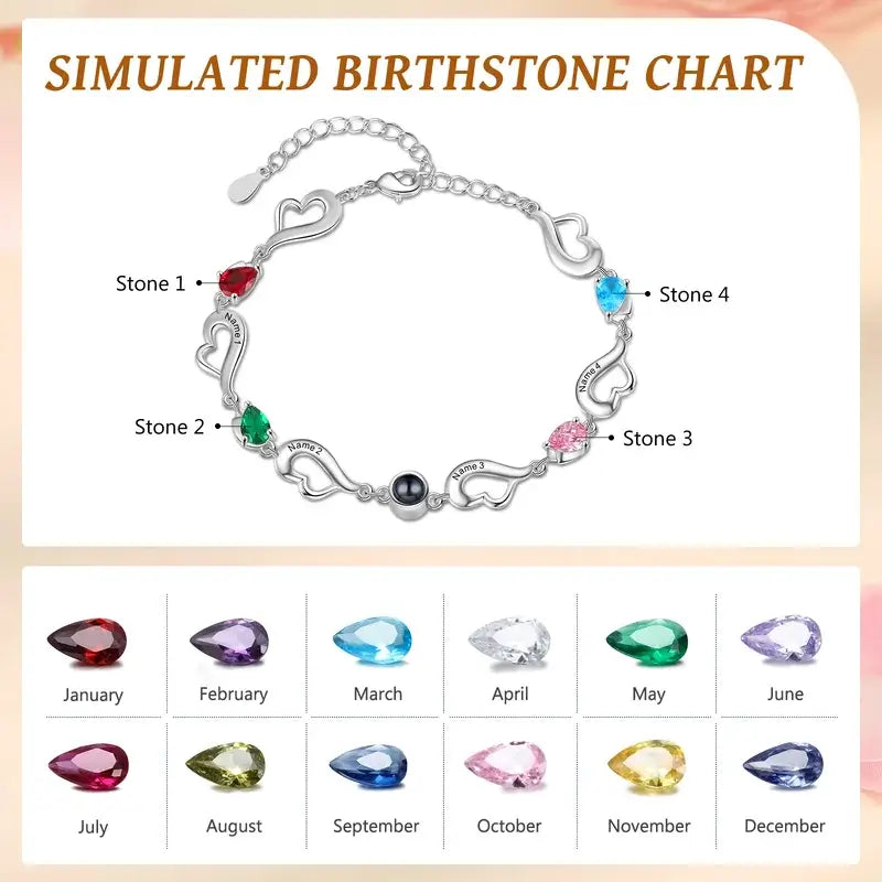 Photo Projection Bracelet with Picture Inside | Engraved 4 Names Personalised Birthstone Bracelet