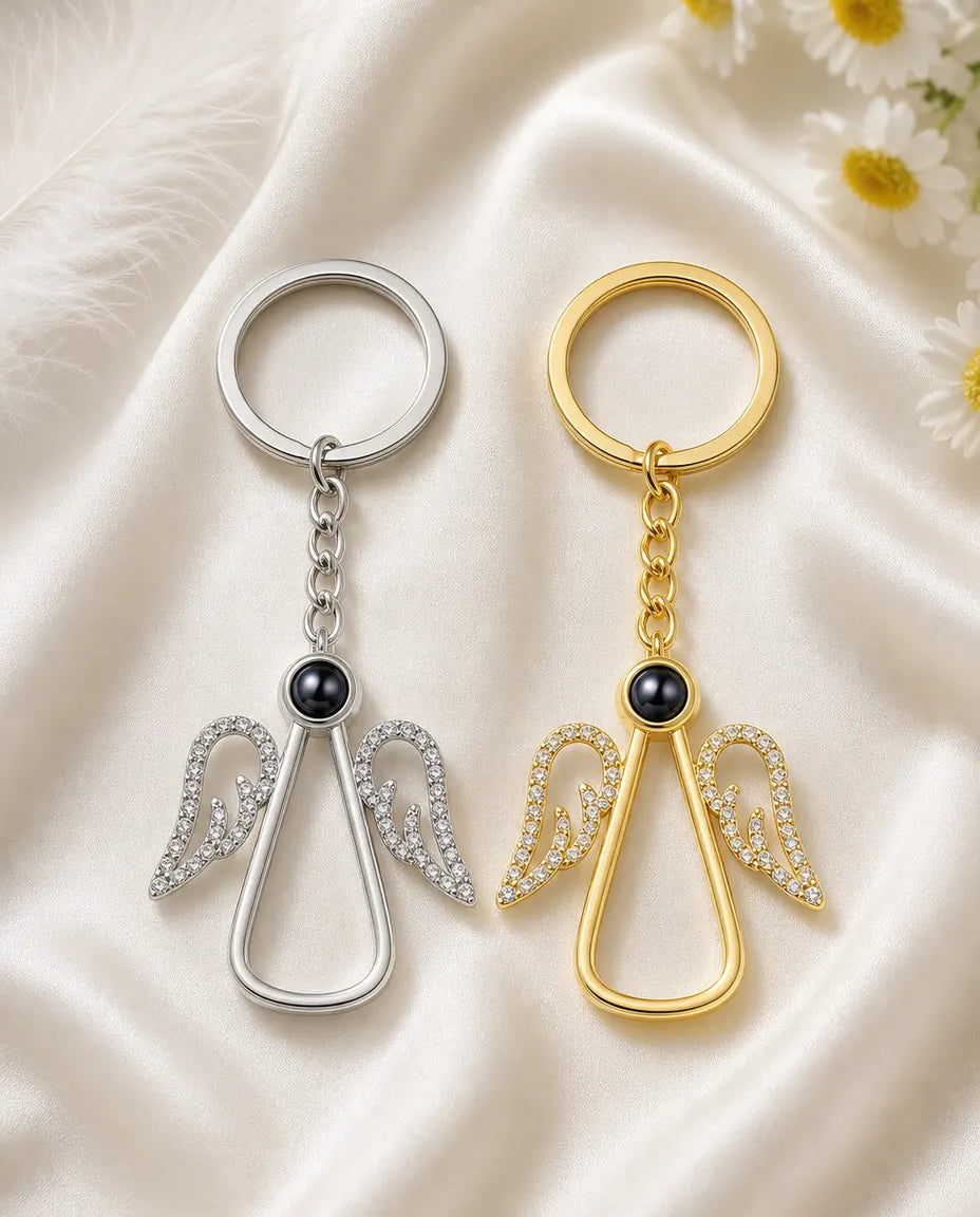 Guardian angel photo keychain in silver and gold side by side