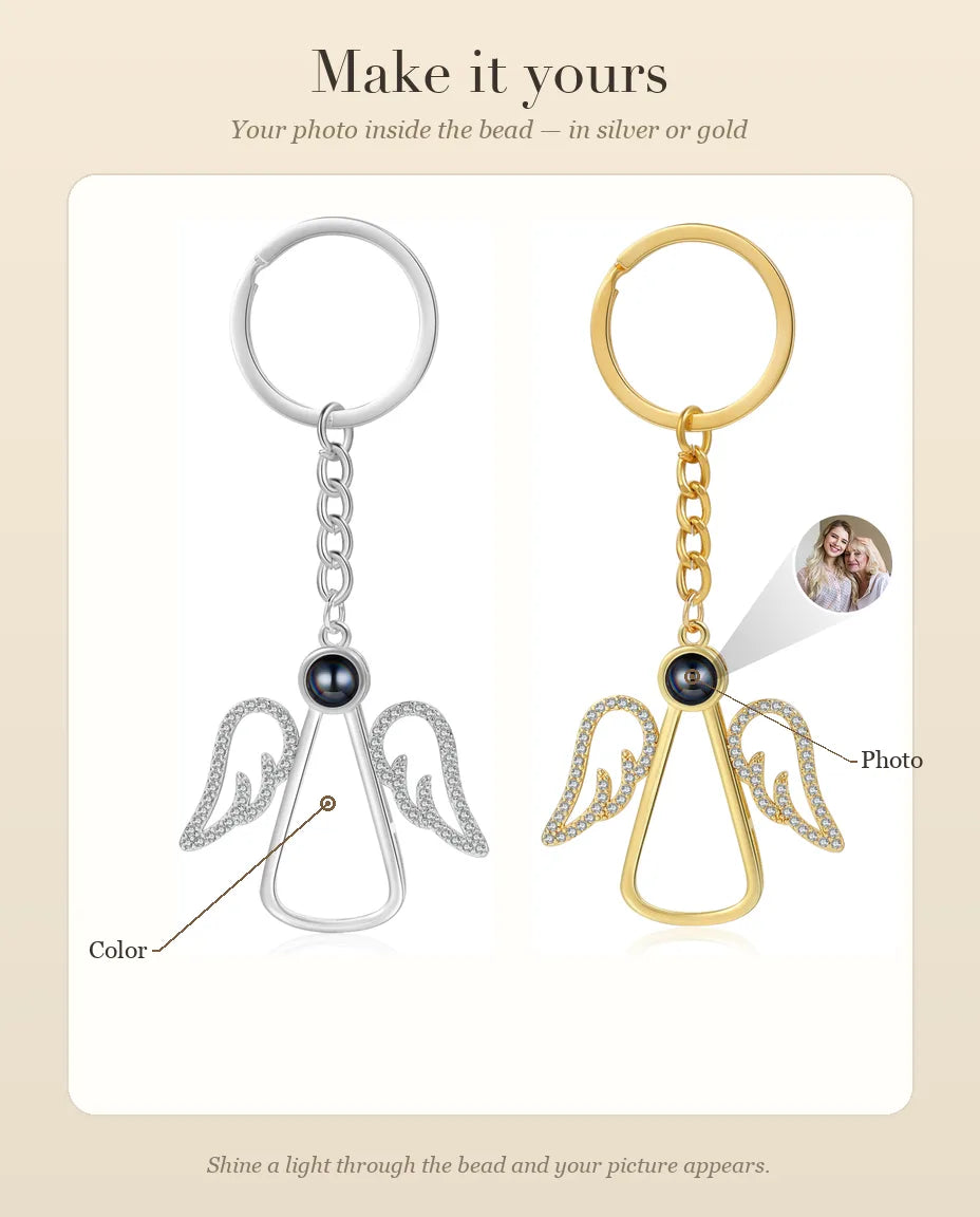 Personalization guide for the angel photo keychain: photo bead and silver or gold color