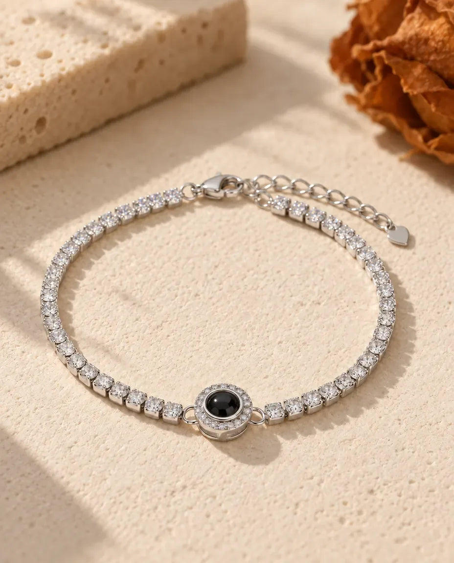 Photo Projection Tennis Bracelet for Women with Picture Inside - front view in silver