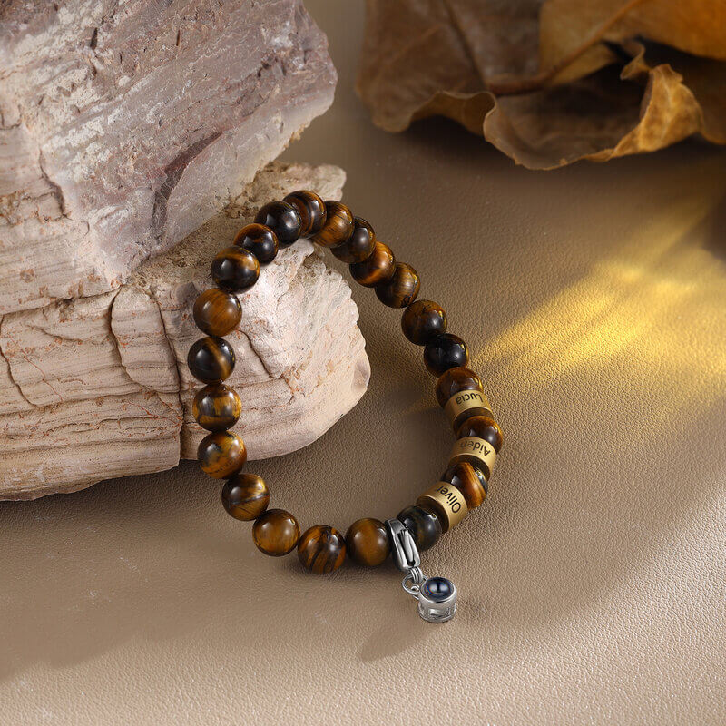 Photo Projection Tiger Eye Bracelet with Engraved Name Beads