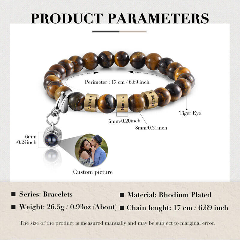 Photo Projection Tiger Eye Bracelet with Engraved Name Beads