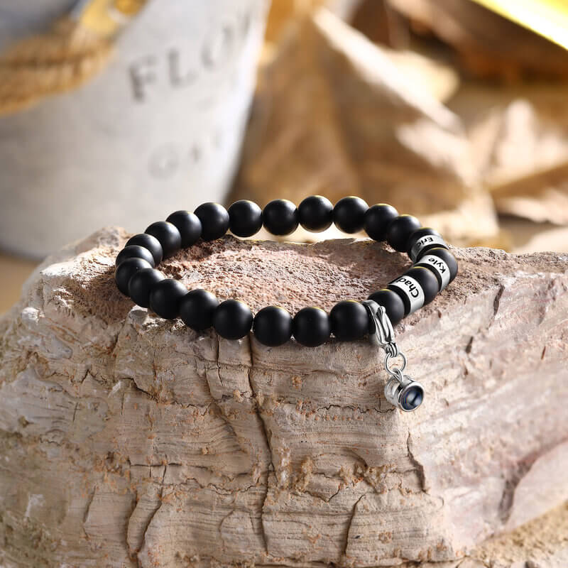 Photo Projection Volcanic Stone Bracelet with Engraved Name Beads