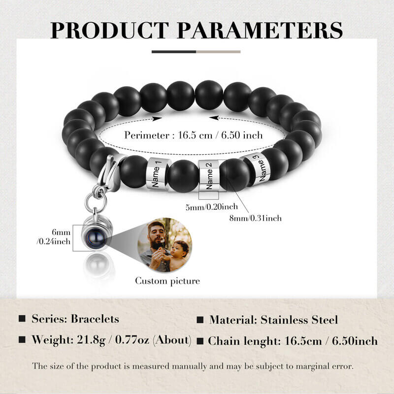 Photo Projection Volcanic Stone Bracelet with Engraved Name Beads